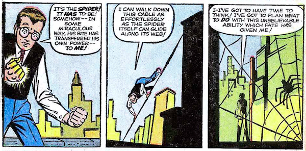 Three panels from Amazing Fantasy #15.
Panel 1: Peter stares at his own glowing hand.
Peter: It's the spider! It has to be! Somehow - in some miraculous way, his bite has transferred his own power - to me!
Panel 2: Peter walks on all fours down a thin cable strung diagonally between buildings.
Peter: I can walk down this cable as effortlessly as the spider itself can glide along its web!
Panel 3: Peter walks out of an alley. There is a spider on a web in the foreground.
Peter: I - I've got to have time to think! I've got to plan what to do with this unbelievable ability which fate has given me!