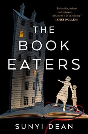 The Book Eaters cover, a mother and child cut out in pages of a book in front of a house