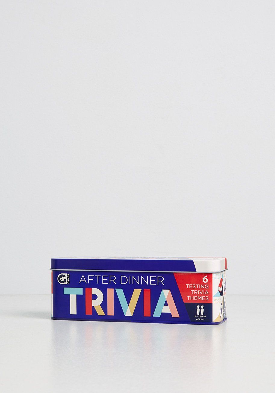 Image of a blue trivia game box on a white background. 
