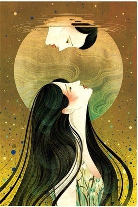 artwork for Waiting on a Bright Moon by Neon Yang showing an illustrated woman with long, dark hair looking up at her reflection against a gold background 