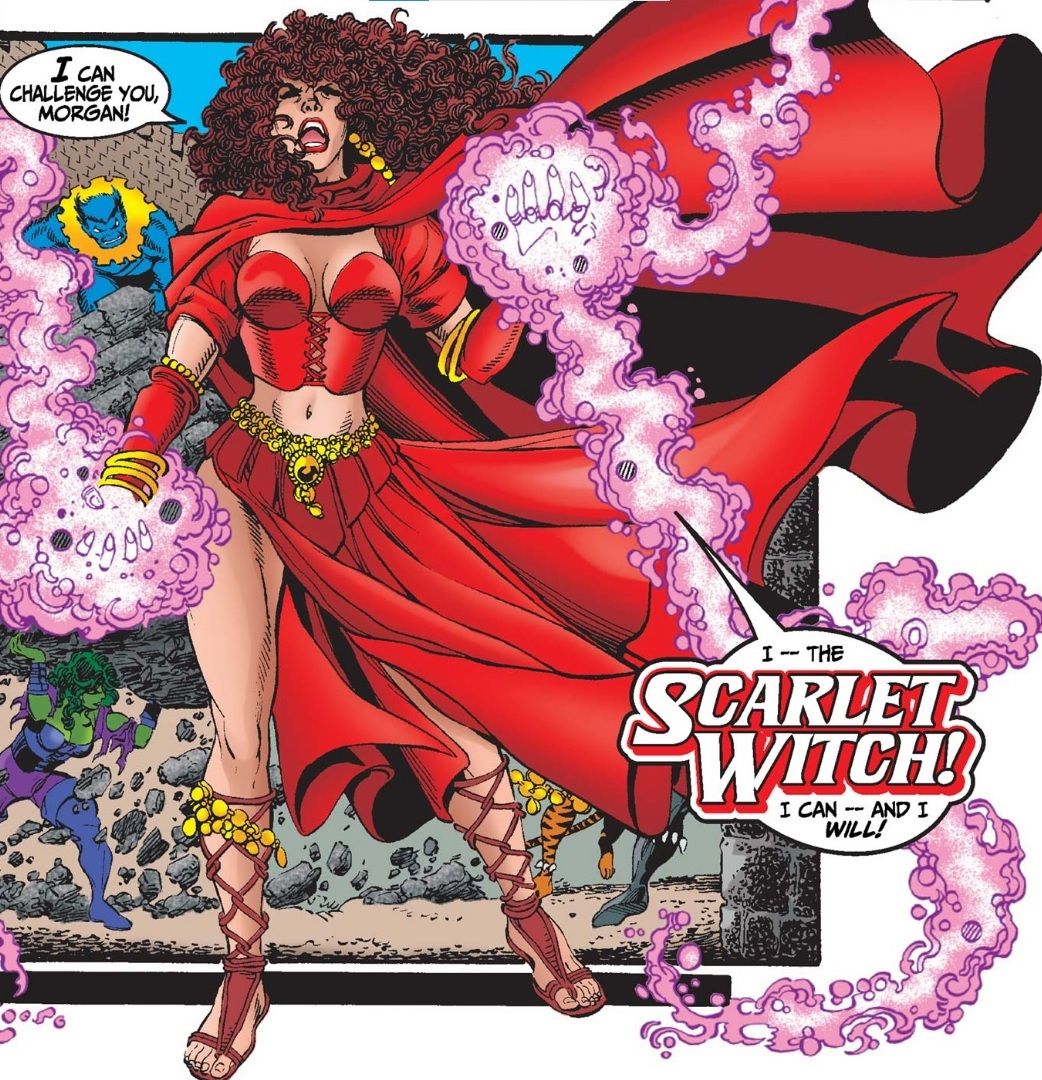From Avengers #3. Scarlet Witch, with pink energy glowing around her hands, challenges Morgan le Fay to a fight.