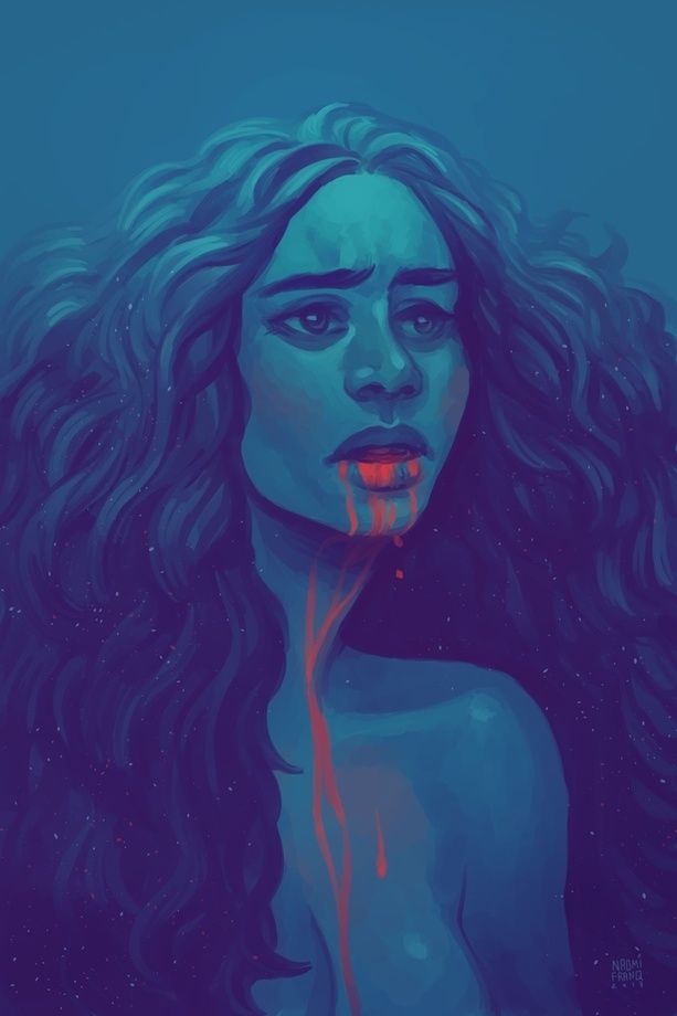 Print by Naomi Franquiz of a woman in all blue tones with bright red blood dripping from her mouth