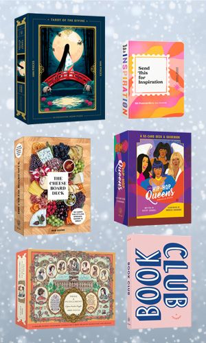 A snowy gray background with images of the covers of: Tarot of the Divine puzzle, Book Club: A Journal, The Cheese Board Deck, The Hip-Hop Queens Oracle Deck, and Send This for Inspiration postcard set.