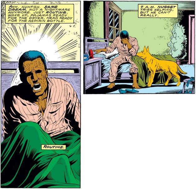 From Daredevil #258. Willie suddenly wakes from a nightmare, sweating profusely. His service dog Nugget comes to his bedside.