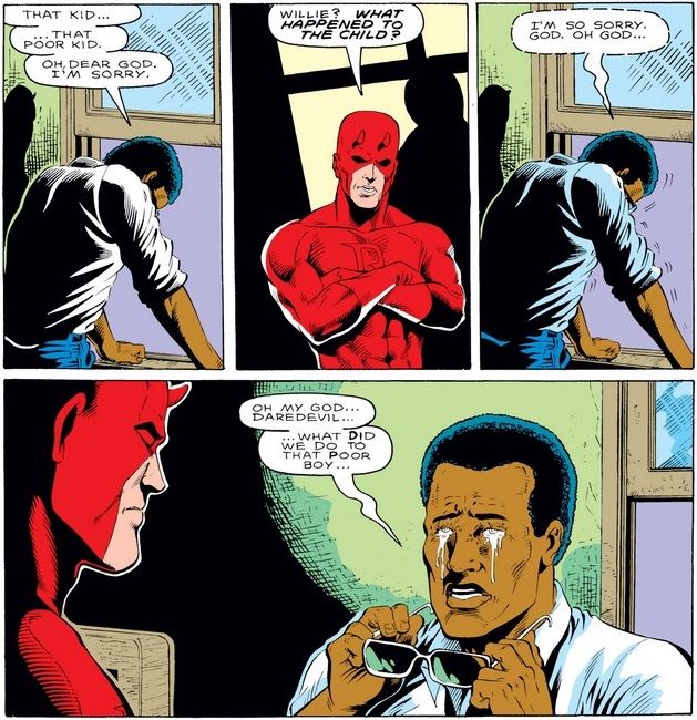 From Daredevil #258. Daredevil demands to know what happened to the child in Willie's story. A sobbing Willie expresses remorse for what happened to the child.