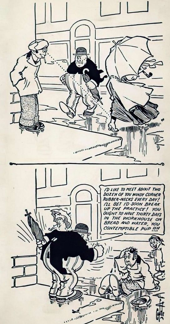 From The Outbursts of Everett True. A young man eagerly stares at a woman's ankle as she walks by. Everett shoves him into a puddle and says he belongs in the workhouse.