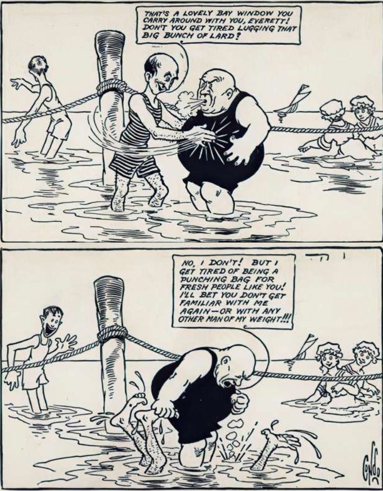 From The Outbursts of Everett True. While at the beach, a man crudely remarks on Everett's weight. Everett dunks him underwater and stands on him.