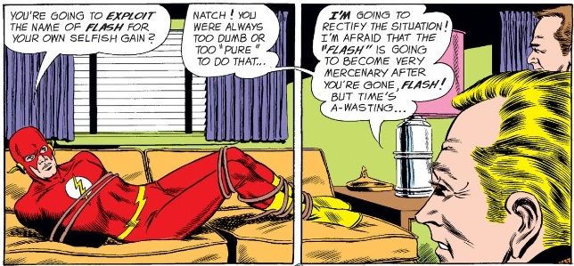 From Flash #118. The Flash, tied up on a sofa, listens while an actor explains how he plans to take over as the Flash and use the hero's name to make a fortune.