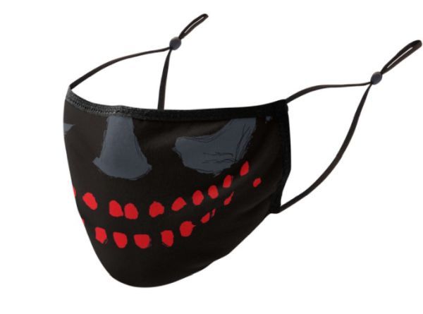 Black face mask with a creepy print of the lower half of a dark face with smiling, red teeth