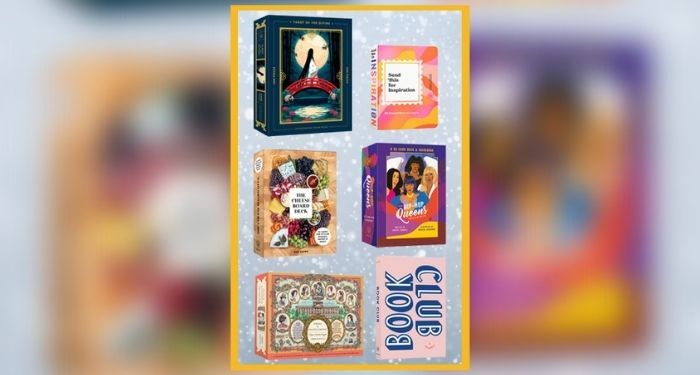 A snowy gray background with images of the covers of: Tarot of the Divine puzzle, Book Club: A Journal, The Cheese Board Deck, The Hip-Hop Queens Oracle Deck, and Send This for Inspiration postcard set.