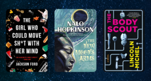 collage of the covers of the books below against a starry background