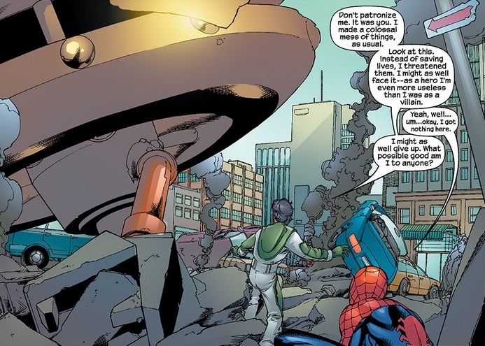 From Spider-Man Unlimited #12. Spider-Man and Big Wheel look out over the destruction Big Wheel has caused. Big Wheel laments that he is a failure.