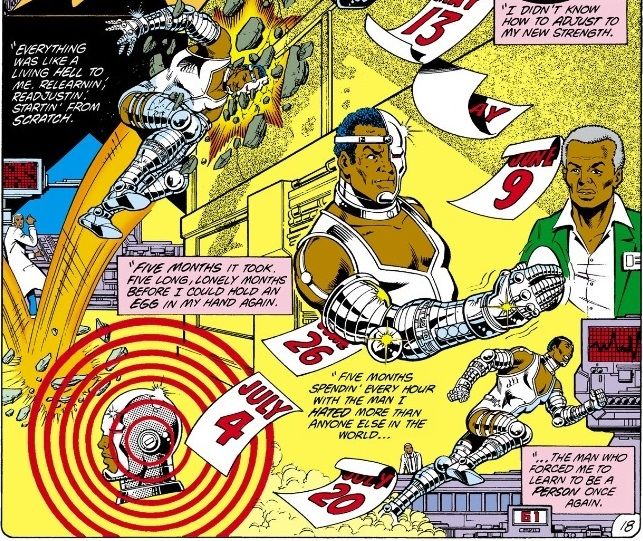 From Tales of the New Teen Titans #1. A montage of Cyborg, having just received his cybernetics, relearning how to jump, run, and hold delicate objects.