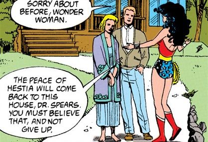 From Wonder Woman #46. Wonder Woman stands before a grieving, apologetic couple. She assures them that the peace of Hestia will someday return to them.