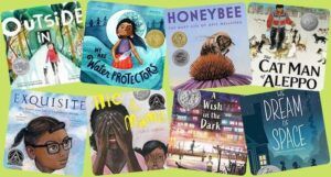 collage of covers of eight children's books that won literary awards in 2021