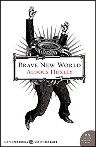 Book cover of Brave New World by Aldous Huxley; illustration of a man like figure with gears for a head