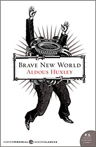 Book cover of Brave New World by Aldous Huxley; illustration of a human-like figure with gears as a head