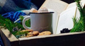 a wooden tray filled with cookies, a mug of cocoa with marshmallows, a couple of open books, and pine needles for decoration. a blue and white scarf is in the background