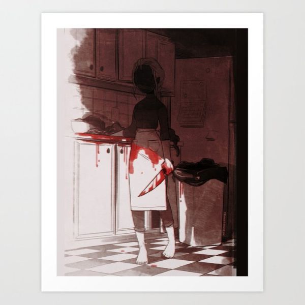 Dinner prep print by Jenn St-Onge featuring a shadowed woman in a kitchen holding a bloody knife and wearing a bloody apron