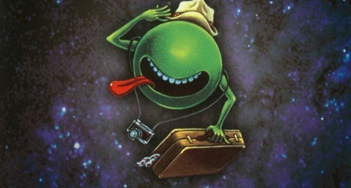 drawing of green circular creature with its tongue out from Hitchhiker's guide to the galaxy