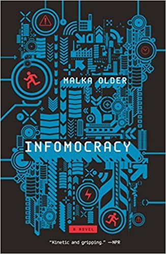 cover of Infomocracy by Malka Older; illustration of blue computer motherboard