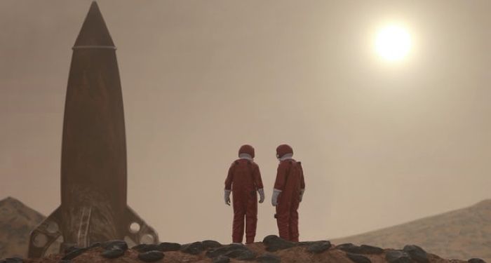 two people in space suits on the surface of mars next to a rocket ship
