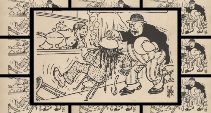 collage of panels from the comic strip The Outbursts of Everett True in which Everett True has angrily dumped a bowl of liquid onto the head to the man seated next to him at a soda fountain