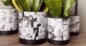 a photo of manga printed pots with plants in the