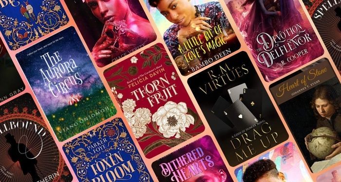 collage of ten queer fantasy romance book covers
