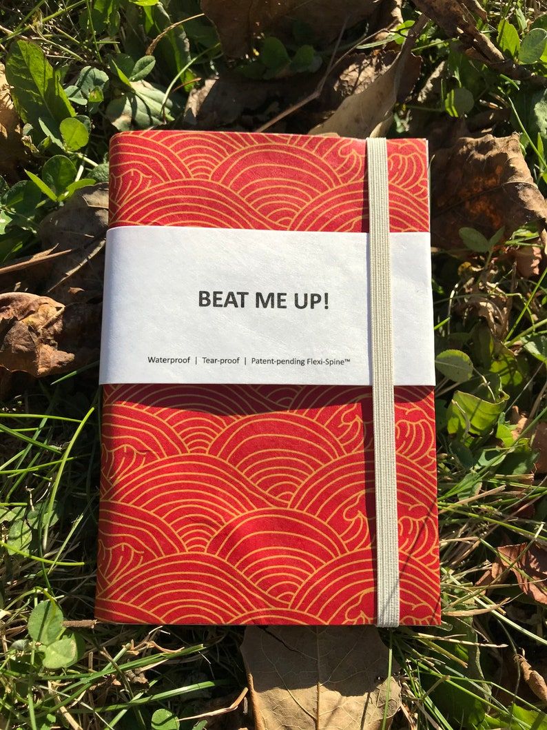 Red fabric notebook with orange semi-circles. It's lying on green grass. 