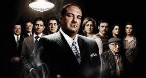 a cropped Sopranos poster showing the main cast