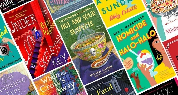 collage of 13 covers of cozy mystery books releasing in 2022