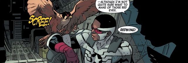 From All-New Captain America #6. Redwing lands on Captain America's arm as Misty Knight comments on the bird's newly-red eyes.