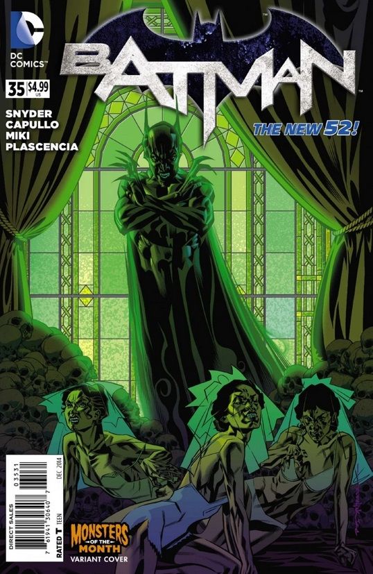 Batman #35 cover. A clawed figure in a Batman-like costume stands before a green stained glass window. Three women crouch in front of him.