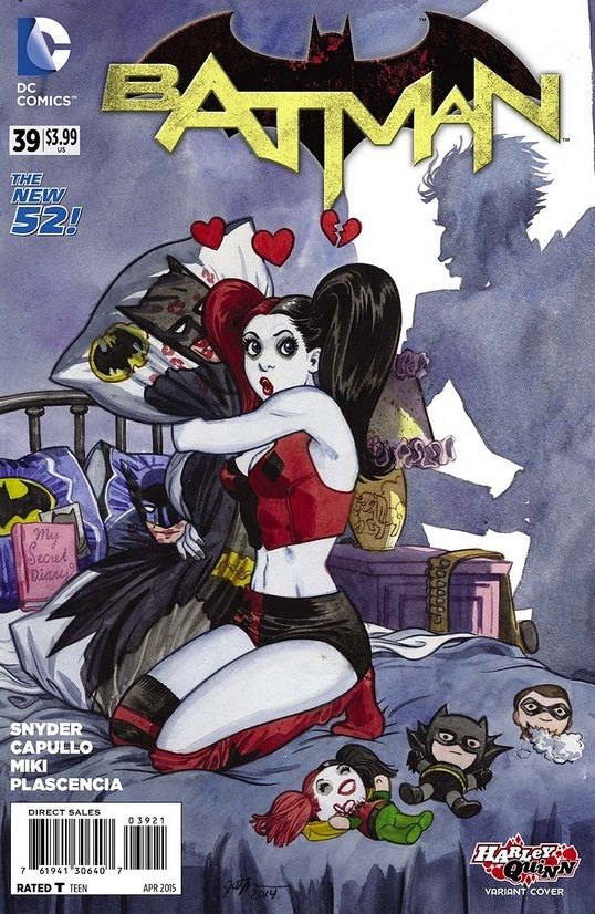 Batman #39 cover. Harley Quinn sits on her bed hugging a Batman pillow as Joker's shadow looms over her.