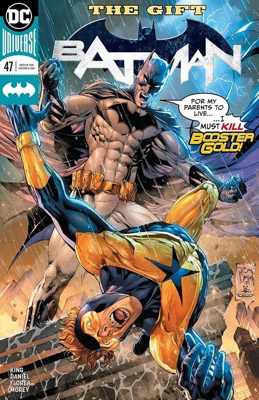 Batman #47 cover. Batman holds Booster Gold by a foot from a rooftop and declares that he must kill Booster.