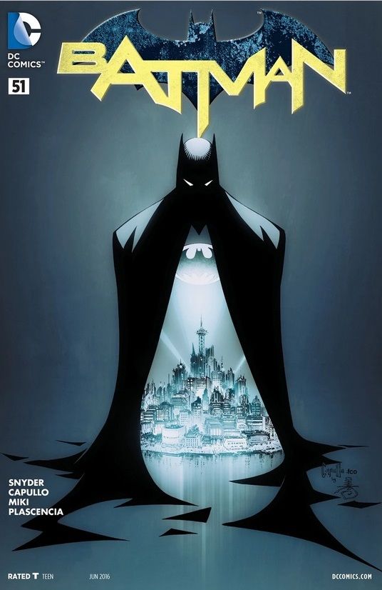 Batman #51 cover. An image of Batman with his cape spilling open to reveal a bright image of Gotham City within it.