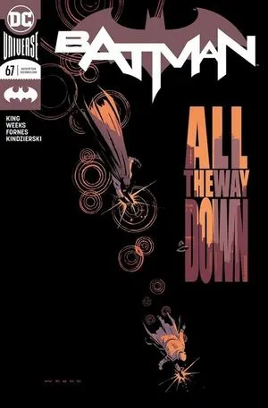 Batman #67 cover. An aerial shot looking straight down on Batman and the man he is chasing. The cover is entirely black except for the title, the running figures, and spreading circles on the ground like their footsteps are hitting puddles.