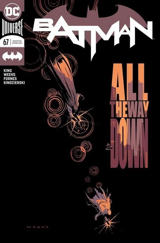 Batman #67 cover. An aerial shot looking straight down on Batman and the man he is chasing. The cover is entirely black except for the title, the running figures, and spreading circles on the ground like their footsteps are hitting puddles.