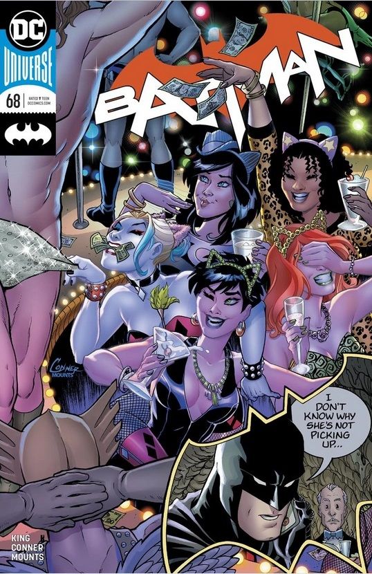 Batman #68 cover. Catwoman enjoys a bachelorette party. An insert in the corner has Batman on the phone, wondering where Catwoman is.