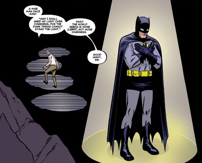 From DC Comics Presents: Teen Titans #1. Batman stands spotlighted as Alfred, walking away, says the world needs "more light, not more darkness."