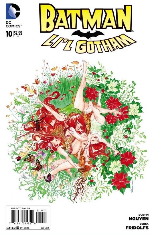 Batman: Li'l Gotham #10 cover. A circle of greenery on a white background with several red-haired women lying on the grass.
