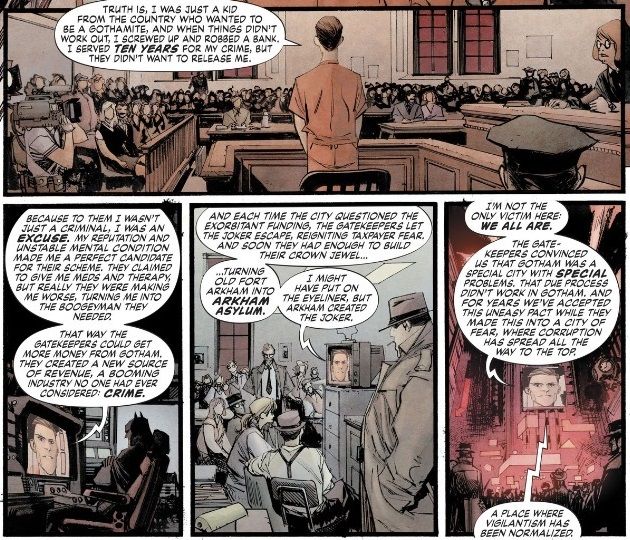 From Batman: White Knight #2. Jack Napier defends himself and condemns the GCPD in court. His speech is broadcast throughout Gotham City.