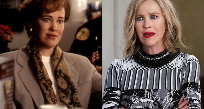 two pictures of Catherine O'Hara side by side; the left is from the Home Alone movie, the right from Schitt's Creek