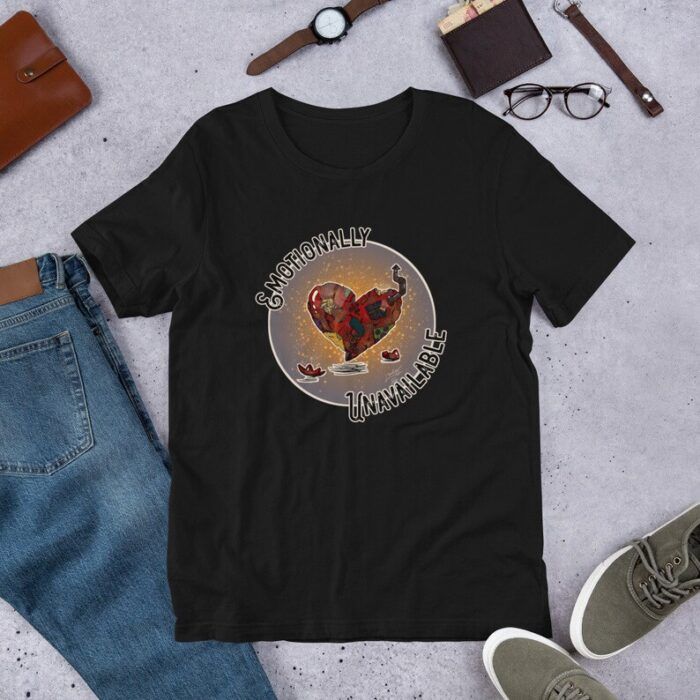 Heart Shirt with Books Inside and text "Emotionally unavailable"
