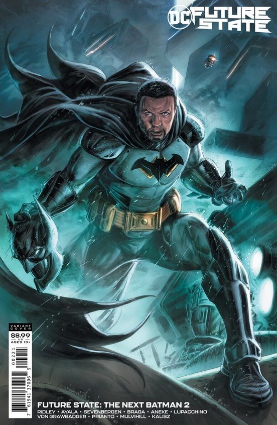 Future State The Next Batman #2 cover. Jace Fox, in full Batman costume but with the mask off, stares out at the reader.