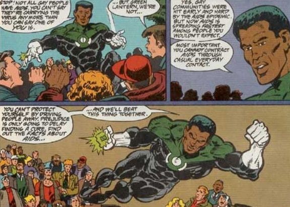 Comic book ad. John Stewart educates a crowd about AIDS.