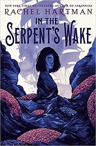 cover of In the Serpent's Wake by Rachel Hartman, illustration done in blues and purples of a young woman sitting in the middle of several scaly serpents