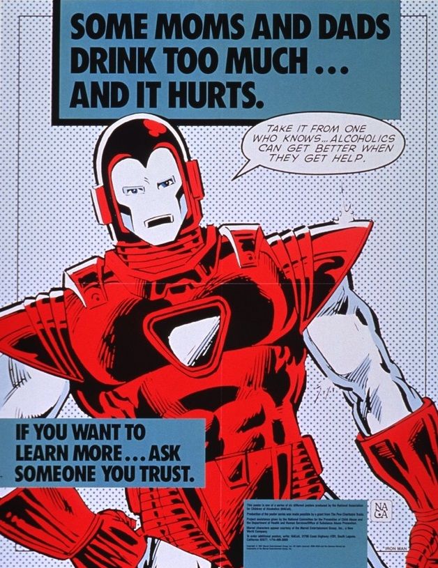 An image of Iron Man telling readers that alcoholics can get better with help. Text tells readers that having an alcoholic parent "hurts" and to get help if they want it.