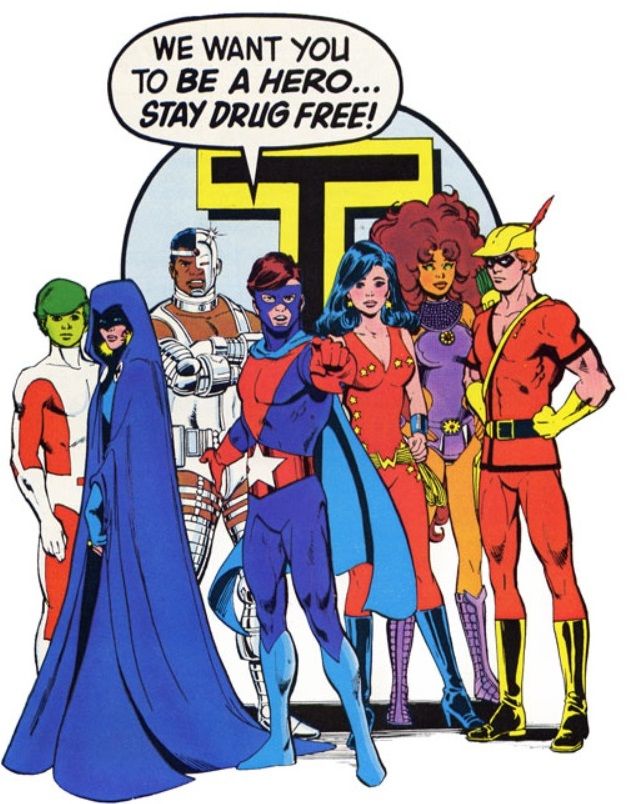 An image of the Teen Titans standing together and looking at the reader as the Protector urges us to "stay drug free!"